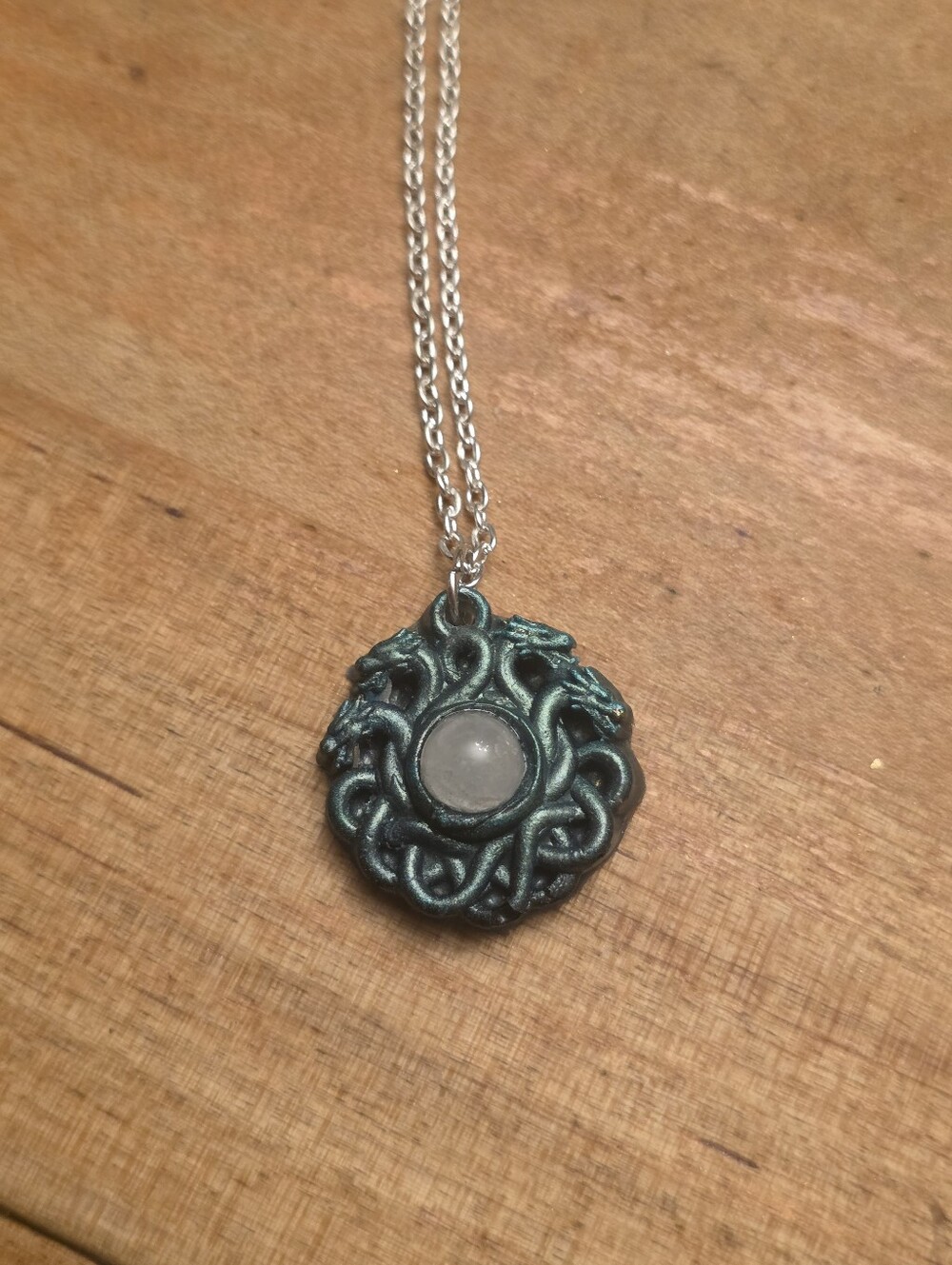 Sphere Of Green Dragons W Milky Gray Gemstone Center Pendant On Silver Chain